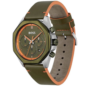Left angled view of Hugo Boss Cloud 1514018 showing green dial detail and leather strap water resistant 50m