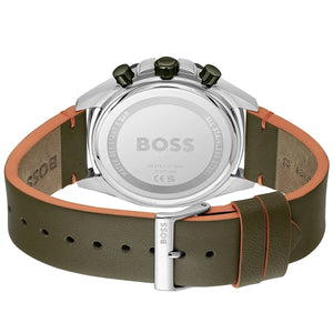 Caseback of Hugo Boss Cloud 1514018 showing technical specs green dial and leather strap 50m water resistance