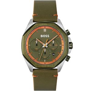 Hugo Boss Cloud 1514018 men's watch with green dial, orange accents, green leather strap, and 50m water resistance main view