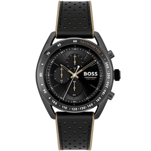 Hugo Boss Centre Court 1514022 men's watch with black dial, gold-tone accents, gunmetal matte case, black perforated rubber strap, and 100m water resistance main view