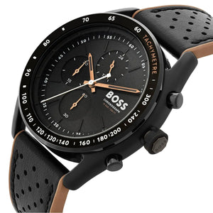 Left angled view of Hugo Boss Centre Court 1514022 showing black dial details and black rubber strap with beige edges