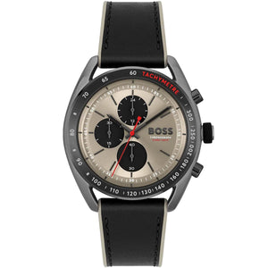 Hugo Boss Centre Court 1514024 men's watch with champagne sunray dial, black sub-dials, gunmetal matte case, and black rubber strap with beige edges main view
