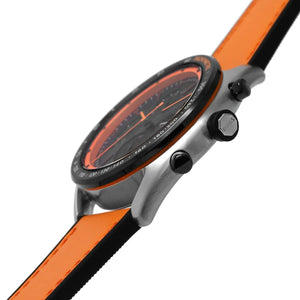 Detailed view of black crown and pushers on Hugo Boss Centre Court 1514025 with black dial and orange rubber strap 50m water resistant
