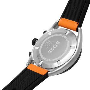 Caseback of Hugo Boss Centre Court 1514025 showing technical specs black dial and orange rubber strap 50m water resistance