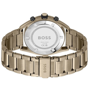 Caseback of Hugo Boss Centre Court 1514027 showing technical specs black dial and gold metal strap 50m water resistant