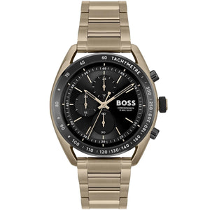 Hugo Boss Centre Court 1514027 men's watch with black dial, gold metal strap, and 50m water resistance main view