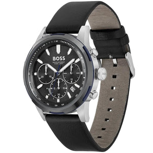 Right angled view of Hugo Boss Solgrade 1514031 highlighting solar black dial and grey case 50m water resistance