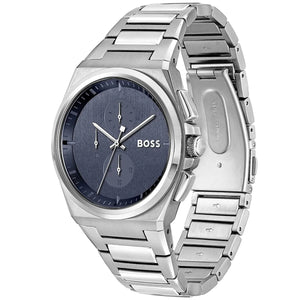 Silver watch with blue dial on a white background