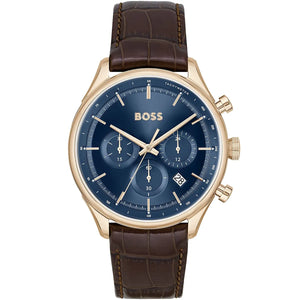 Hugo Boss Admiral 1514050 men's chronograph watch with gold case, blue dial, and brown leather strap