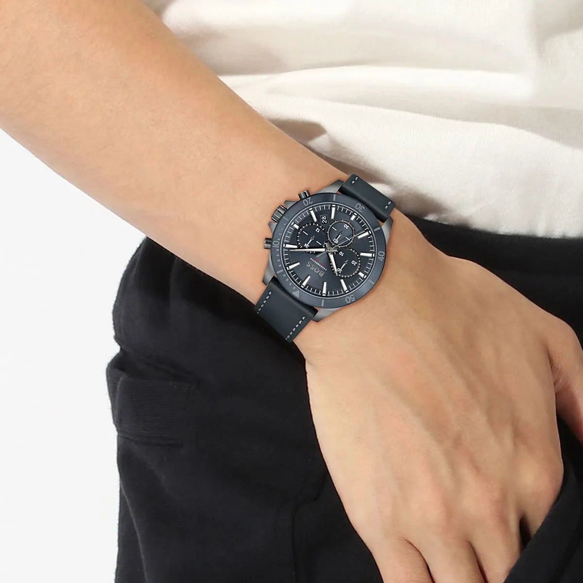 Close up of Hugo Boss Troper 1514056 on wrist showing blue sunray dial and blue leather strap with 50m water resistance