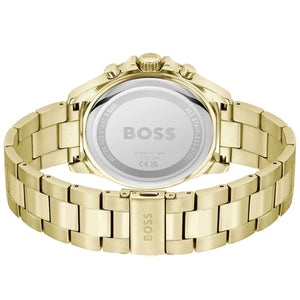 Caseback of Hugo Boss Runner 1514059 showing technical specs gray dial and gold metal strap 50m water resistant
