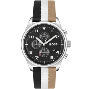 Hugo Boss View 1514062 men's watch with black sunray dial, multicolored black white and beige textile strap, and 50m water resistance main view