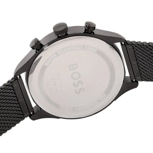 Back view of a black watch with mesh band on a white background
