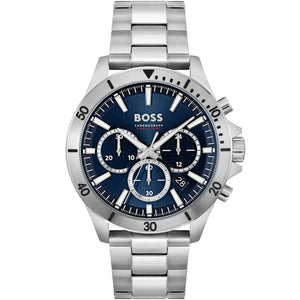 Authentic real-life photo of Boss Troper 1514069 showing the silver bracelet, marked bezel, and blue chronograph dial from Luxury Hub Store