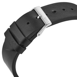 Detailed view of the black genuine leather strap of the Hugo Boss Candor 1514075 watch.