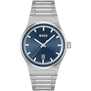 Authentic real-life photo of Boss Candor 1514076 showing the integrated silver bracelet and blue sunray dial from Luxury Hub Store