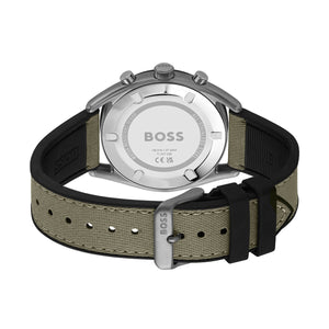 Caseback of Hugo Boss Top 1514092 showing technical specs (10 BAR / 328FT) and grey metal finish 100m water resistance