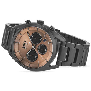 Left angled view of Hugo Boss Top 1514095 showing rose gold dial detail and black link bracelet water resistant 100m