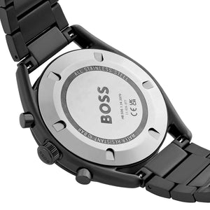 Caseback of Hugo Boss Top 1514095 showing technical specs (10 BAR / 328FT) and black metal strap 100m water resistance