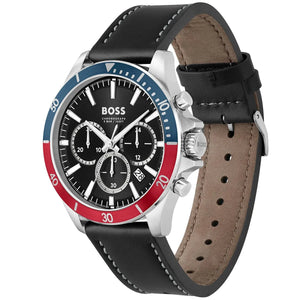 Left angled view of Hugo Boss Troper 1514099 showing black sunray dial detail and leather strap water resistant 50m