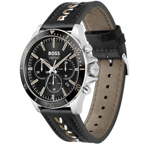 Right angled view of Hugo Boss Troper 1514121 highlighting black dial and black ion-plated case 50m water resistance