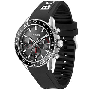 Right angled view of Hugo Boss Runner 1514141 highlighting black dial and black rubber strap 50m water resistance
