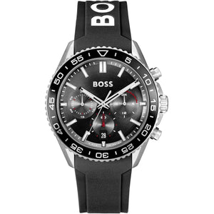 Hugo Boss Runner 1514141 men's watch with black dial, black rubber strap, and 50m water resistance main view