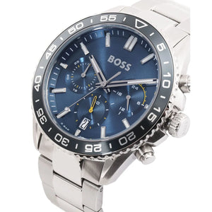 Angled view of Hugo Boss 1514143 highlighting the polished silver link bracelet and the blue tachymeter bezel