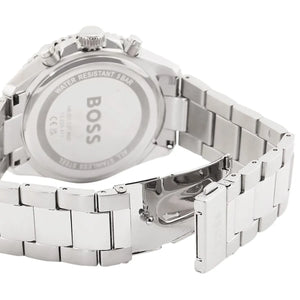 Silver stainless steel deployment clasp with Hugo Boss logo on the metal link bracelet of the 1514143