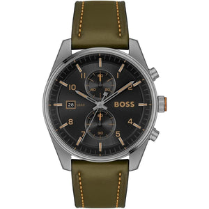 Hugo Boss Sky Traveller 1514148 men's watch with black dial, green leather strap, and 50m water resistance main view