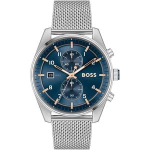 Hugo Boss Skytraveller 1514149 men's chronograph watch with blue dial, rose gold accents, and silver mesh strap