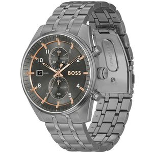 Left angled view of Hugo Boss Sky Traveller 1514153 showing gray dial detail and gray link bracelet water resistant 50m
