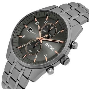 Right angled view of Hugo Boss Sky Traveller 1514153 highlighting gray dial and gray ion-plated case 50m water resistance