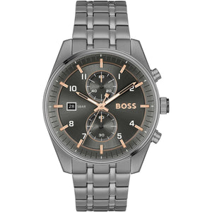 Hugo Boss Sky Traveller 1514153 men's watch with gray dial, gray metal strap, and 50m water resistance main view