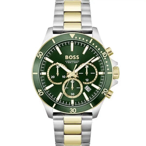 Hugo Boss Runner 1514154 men's watch with green dial, two-tone metal strap, and 50m water resistance main view