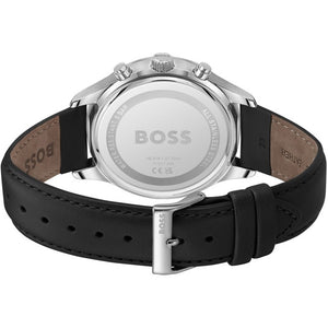 Caseback of Hugo Boss Avery Runner 1514156 showing technical specs blue dial and black leather strap 50m water resistant