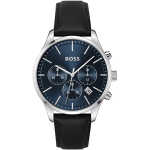 Hugo Boss Avery Runner 1514156 men's watch with blue dial, black leather strap, and 50m water resistance main view