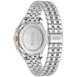 Back view photo of Boss Avery 1514158 showing the stainless steel caseback and engraved markings from Luxury Hub Store