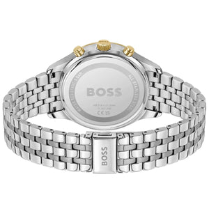 Caseback of Hugo Boss Avery 1514159 showing technical specs green dial and silver metal strap 50m water resistant