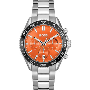 Authentic real-life photo of Boss Runner 1514162 showing the silver bracelet and vibrant orange chronograph dial from Luxury Hub Store