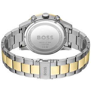 Caseback of Hugo Boss Runner 1514163 showing technical specs blue dial and two-tone metal strap 50m water resistant