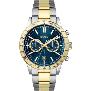 Hugo Boss Runner 1514163 men's watch with blue dial, two-tone metal strap, and 50m water resistance main view