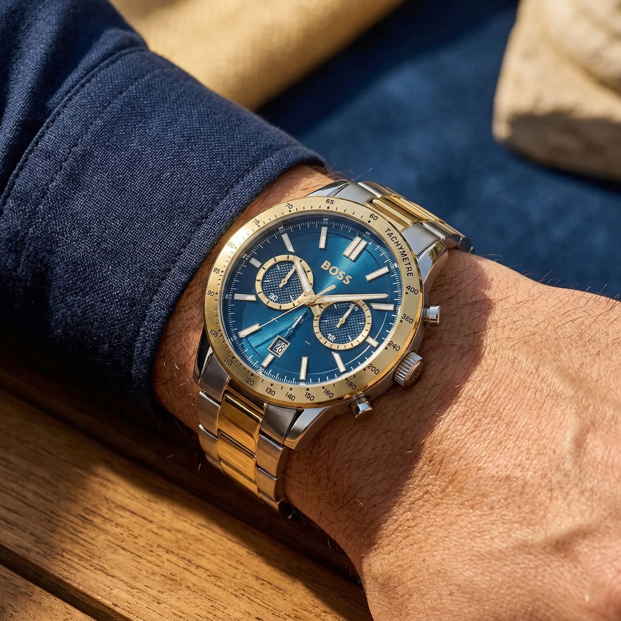 Close up of Hugo Boss Runner 1514163 on wrist showing blue dial and two-tone metal strap with 50m water resistance