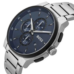 Right angle view showing the crown and pushers of the Hugo Boss Peak 1514189 watch.