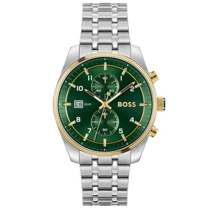 Hugo Boss Sky Traveller 1514195 men's watch with green dial, silver metal strap, and 50m water resistance main view