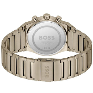 Silver watch with 'BOSS' branding on a white background