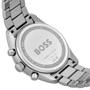 Back view of the Hugo Boss 1514226 watch showing the stainless steel caseback and technical specs
