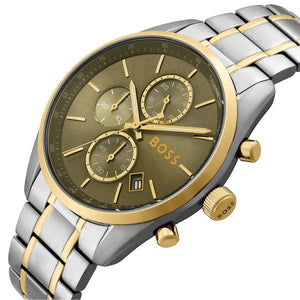 Left side perspective of the silver and gold stainless steel link bracelet on the Hugo Boss Grand Prix