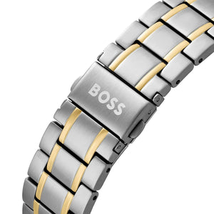 Two-tone stainless steel deployment clasp with Hugo Boss logo on the Grand Prix bracelet