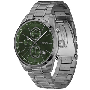 Angled real-life photo of Hugo Boss 1514228 showing the polished gunmetal case and green dial